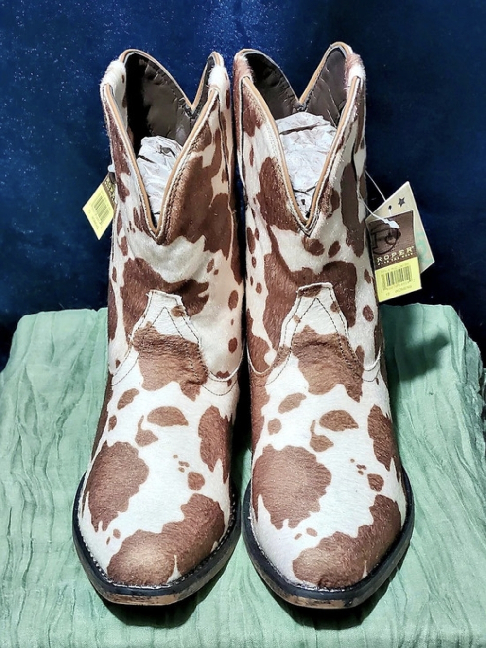 Roper Rowdy Cow Print Ankle Boots Brown & White US 10